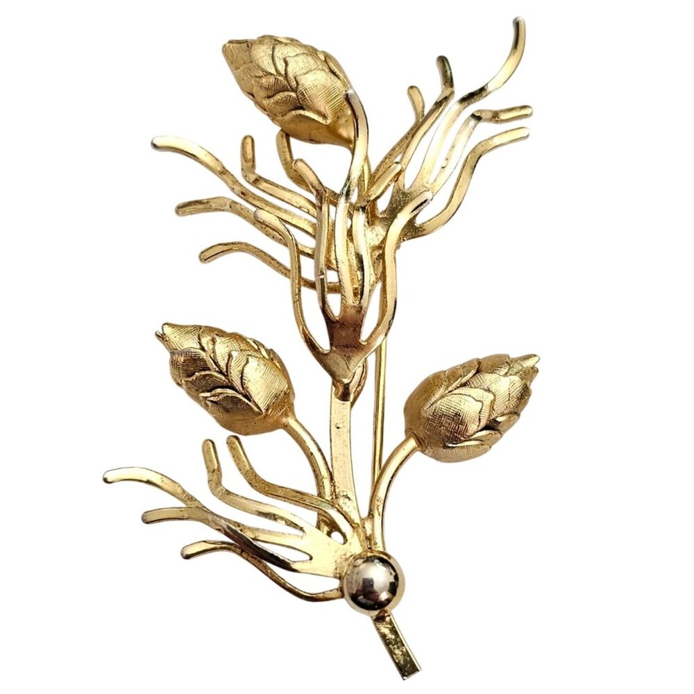 Gold Tone Pine Cone Needle Branch Brooch J403